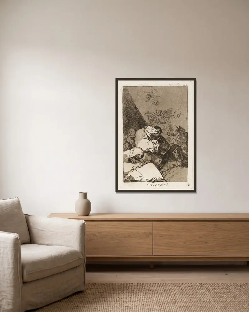 Korrektur. (Correction.) von Francisco de Goya gerahmt an einer Wand