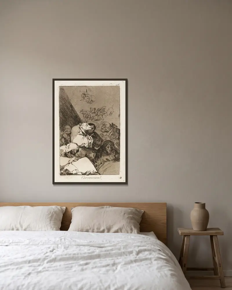 Korrektur. (Correction.) von Francisco de Goya gerahmt an einer Wand