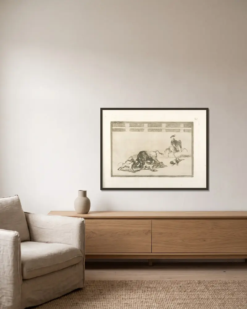 Hunde werden auf den Stier gehetzt von Francisco de Goya gerahmt an einer Wand