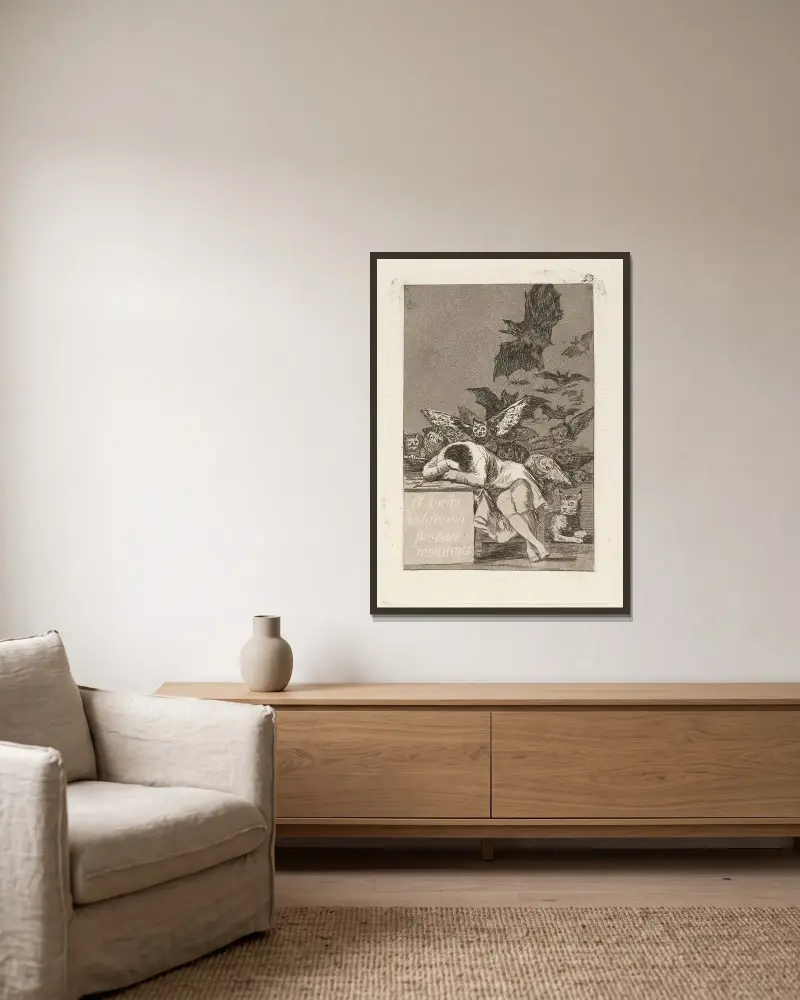Förnuftets sömn frambringar monster av Francisco de Goya inramad på en vägg