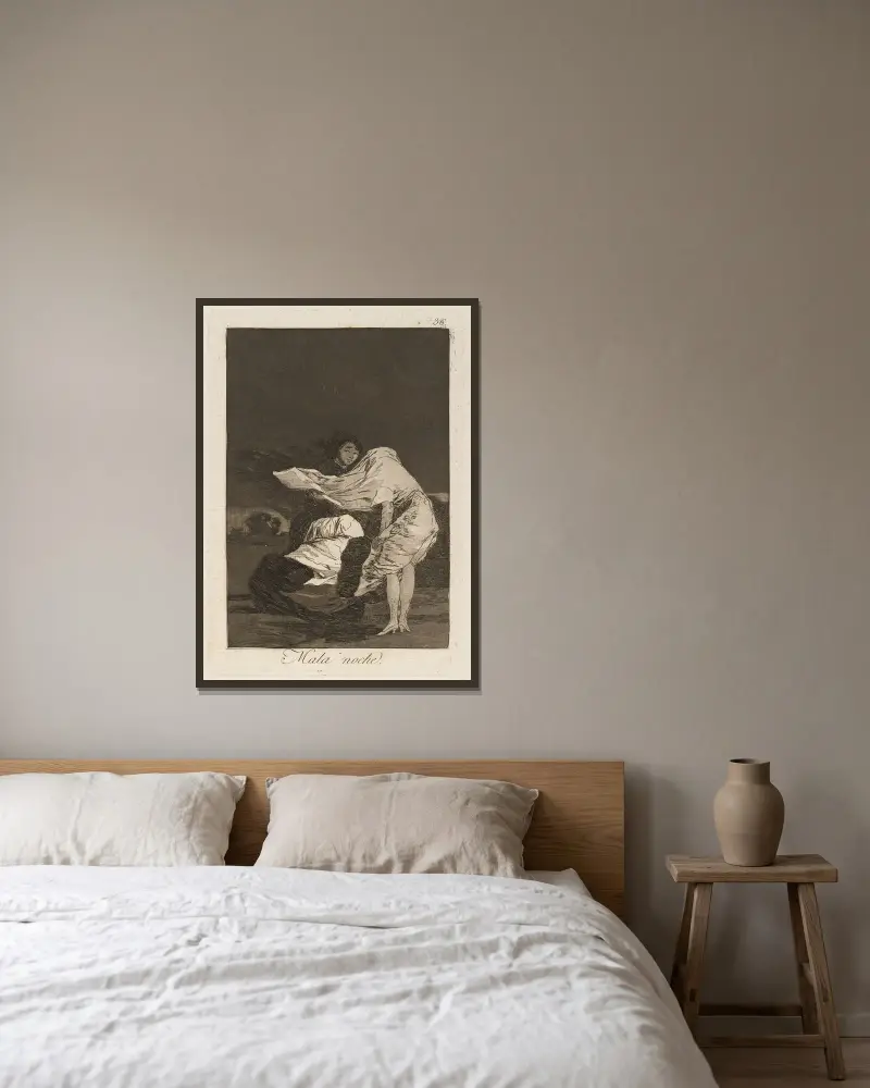 Mala noche (Eine schlechte Nacht) von Francisco de Goya gerahmt an einer Wand