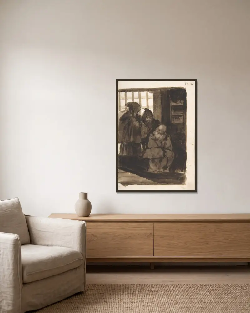 Mönche in einem Innenraum von Francisco de Goya gerahmt an einer Wand