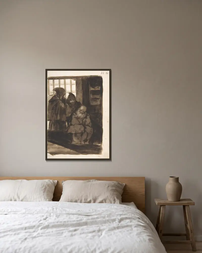 Mönche in einem Innenraum von Francisco de Goya gerahmt an einer Wand