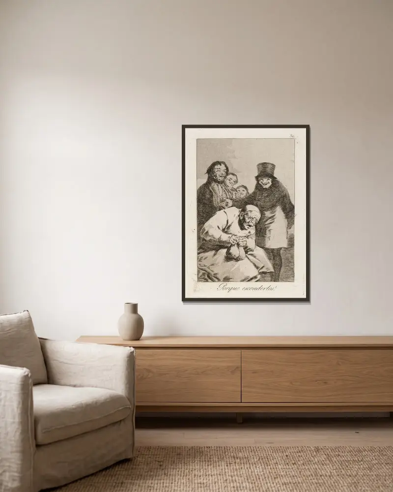 Warum sie verstecken? von Francisco de Goya gerahmt an einer Wand