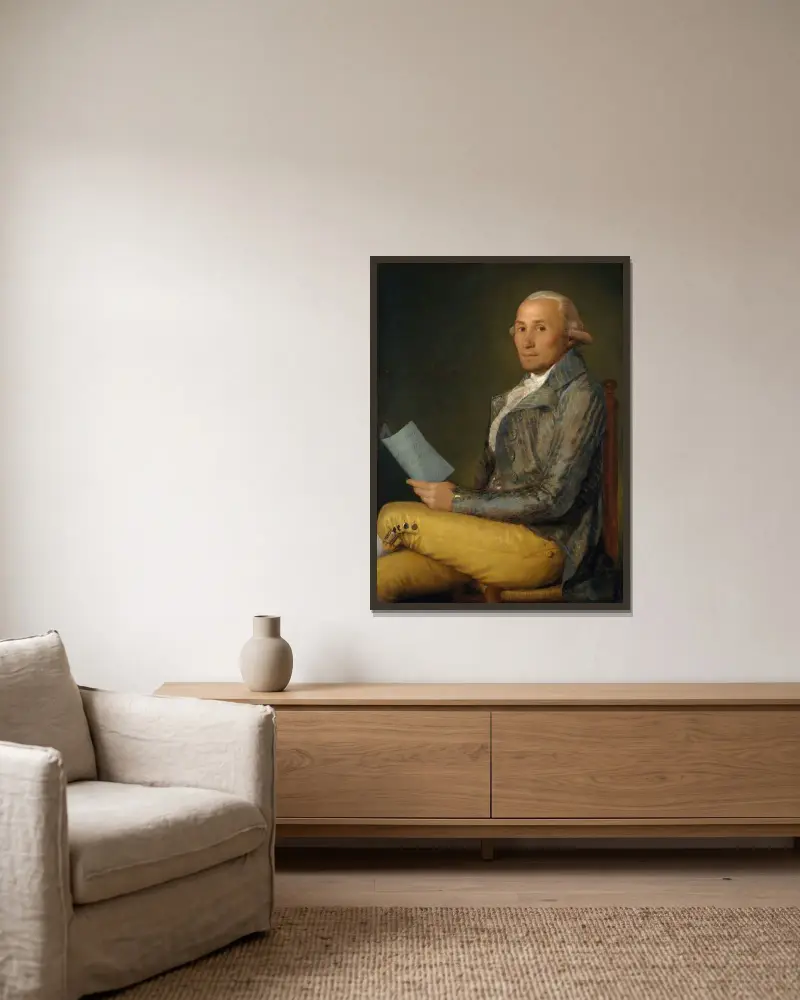 Sebastián Martínez y Pérez (1747–1800) av Francisco de Goya inramad på en vägg