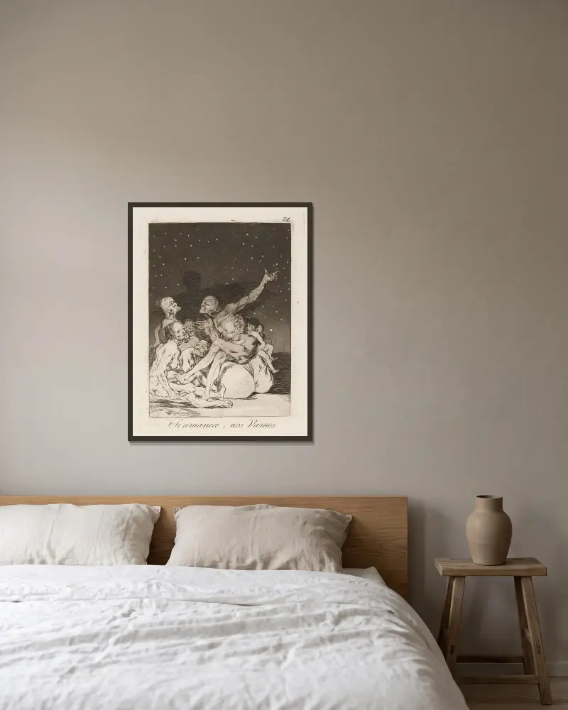 Si amanece; nos Vamos. (Wenn der Tag anbricht, ziehen wir fort.) von Francisco de Goya gerahmt an einer Wand