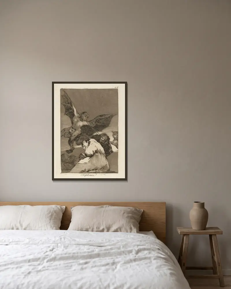 Soplones. (Pomlouvači — poryvy větru), Francisco de Goya v rámu na stěně