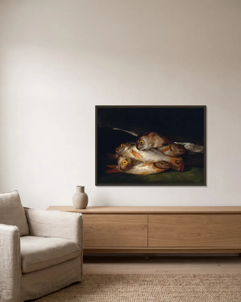 Still Life With Golden Bream av Francisco de Goya inramad på en vägg