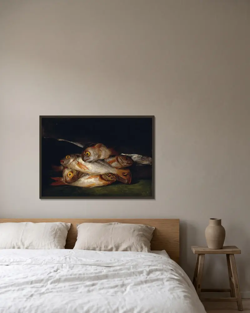 Still Life With Golden Bream av Francisco de Goya inramad på en vägg