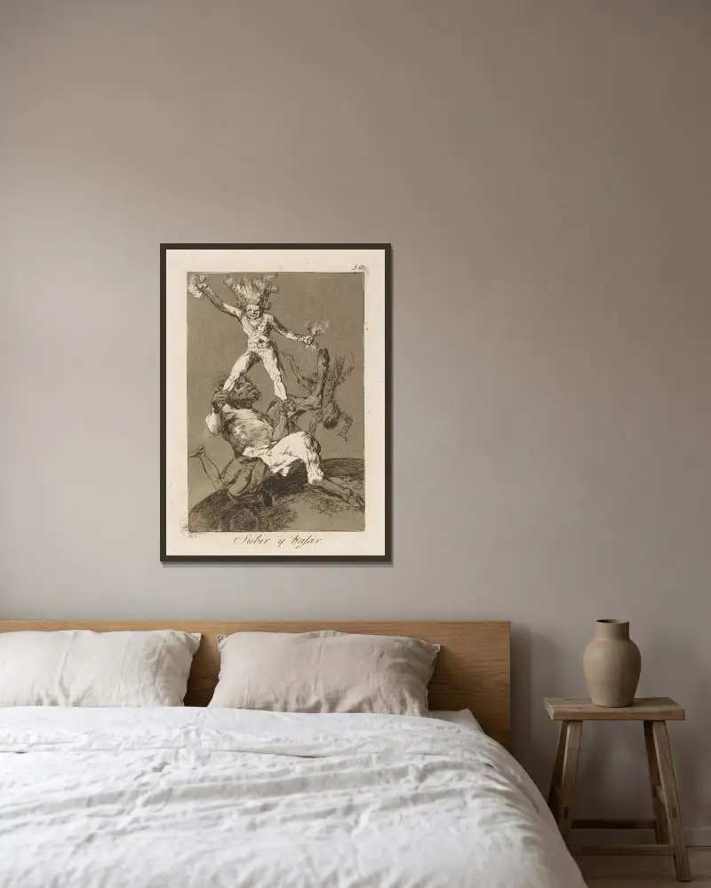 Aufsteigen und Fallen von Francisco de Goya gerahmt an einer Wand