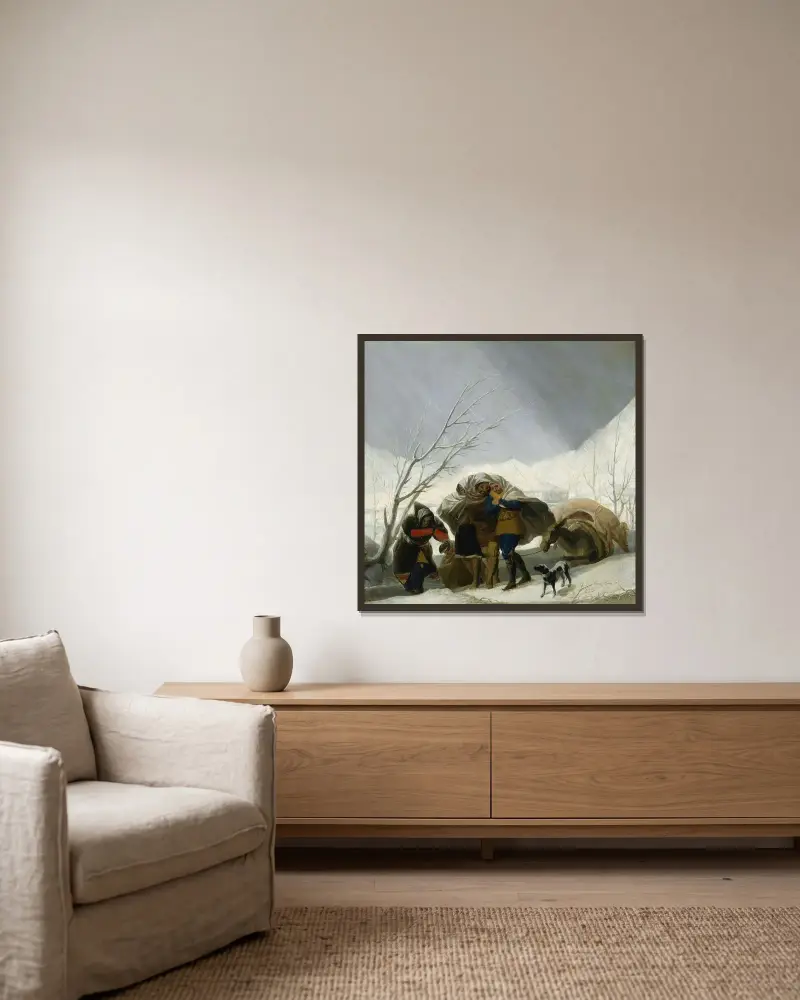 Winterszene von Francisco de Goya gerahmt an einer Wand