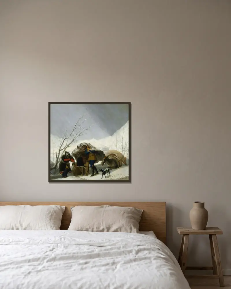 Winterszene von Francisco de Goya gerahmt an einer Wand