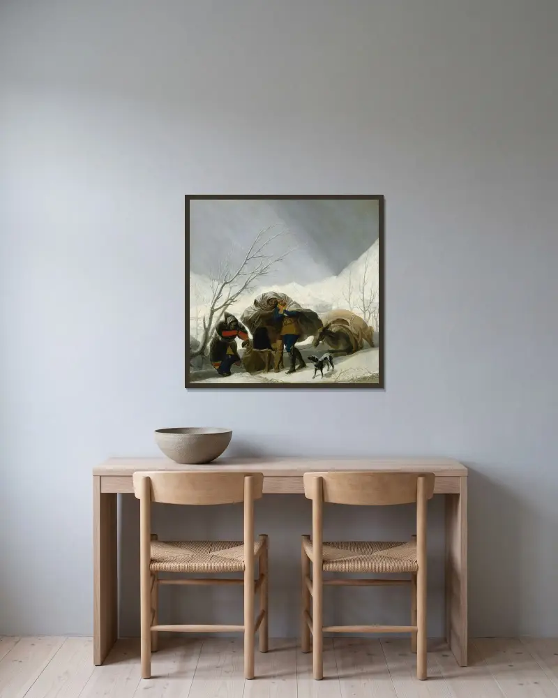Winterszene von Francisco de Goya gerahmt an einer Wand