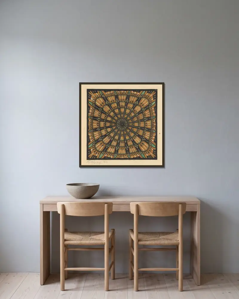 Design för en kvadratisk matta av Julie de Graag inramad på en vägg