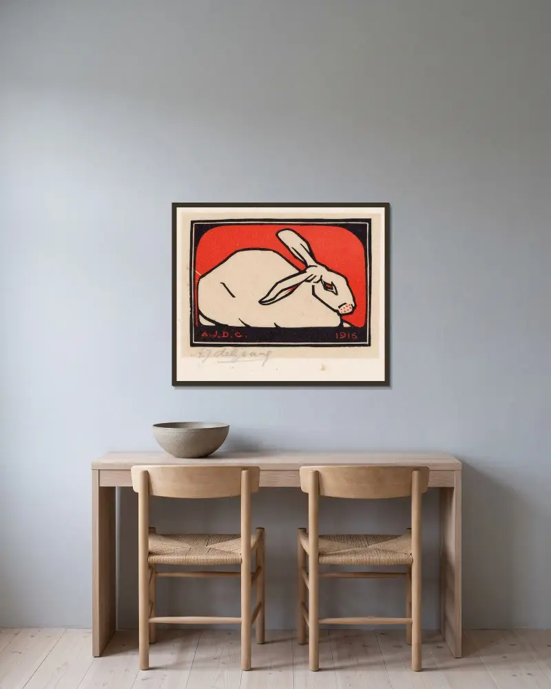Liggande kanin av Julie de Graag inramad på en vägg