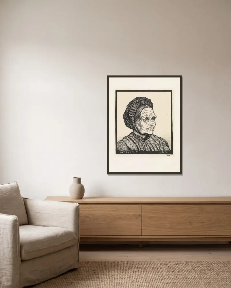 Portrait of a Laren farmer’s wife named Lysemeut av Julie de Graag inramad på en vägg
