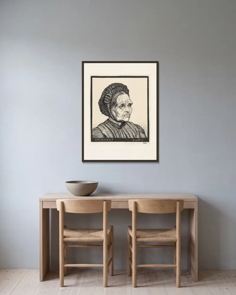 Portrait of a Laren farmer’s wife named Lysemeut av Julie de Graag inramad på en vägg