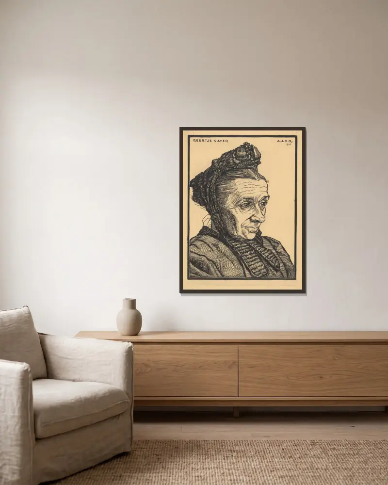 Portrait of Geertje Kuyer. Laren av Julie de Graag inramad på en vägg
