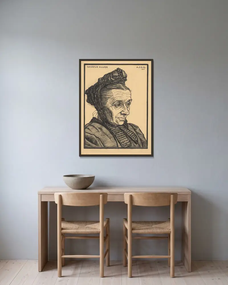 Portrait of Geertje Kuyer. Laren av Julie de Graag inramad på en vägg