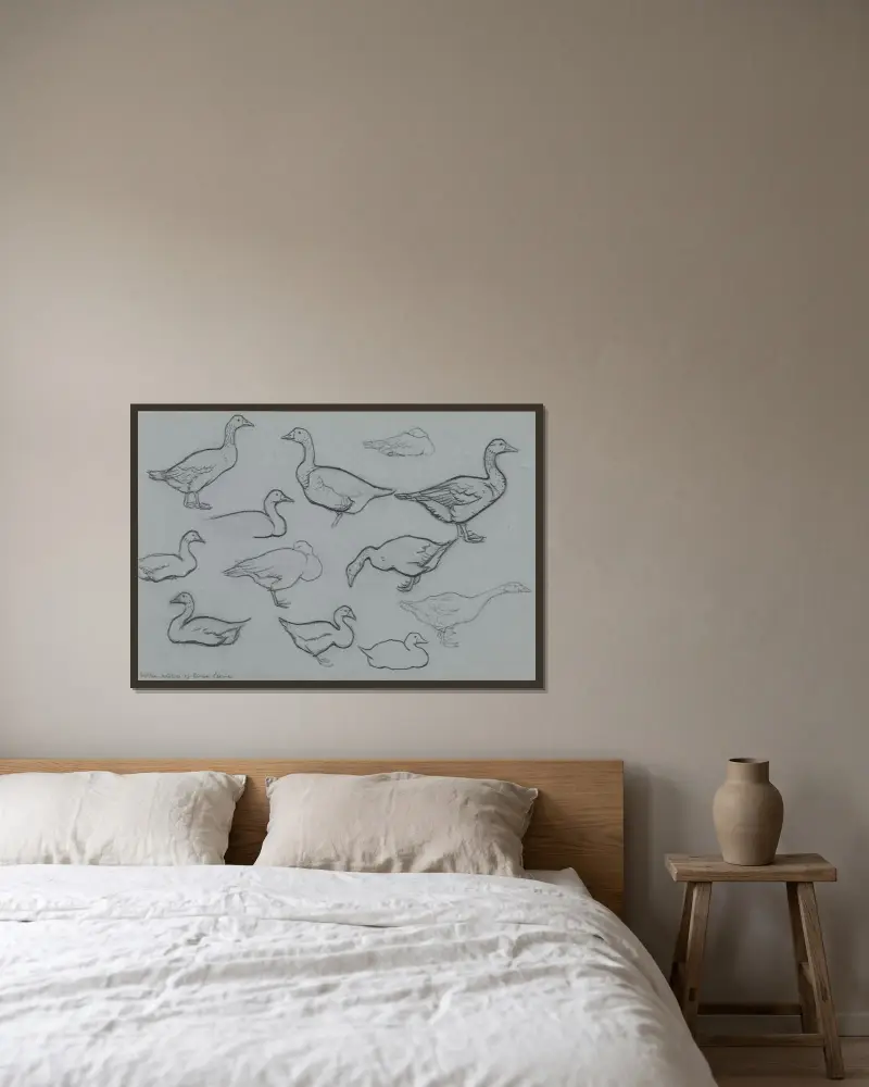 Study sheet with geese von Julie de Graag gerahmt an einer Wand