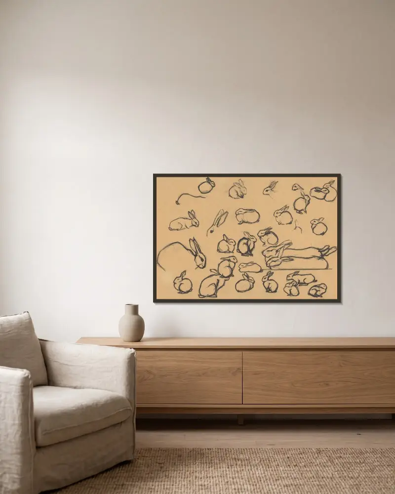Study sheet with rabbits von Julie de Graag gerahmt an einer Wand