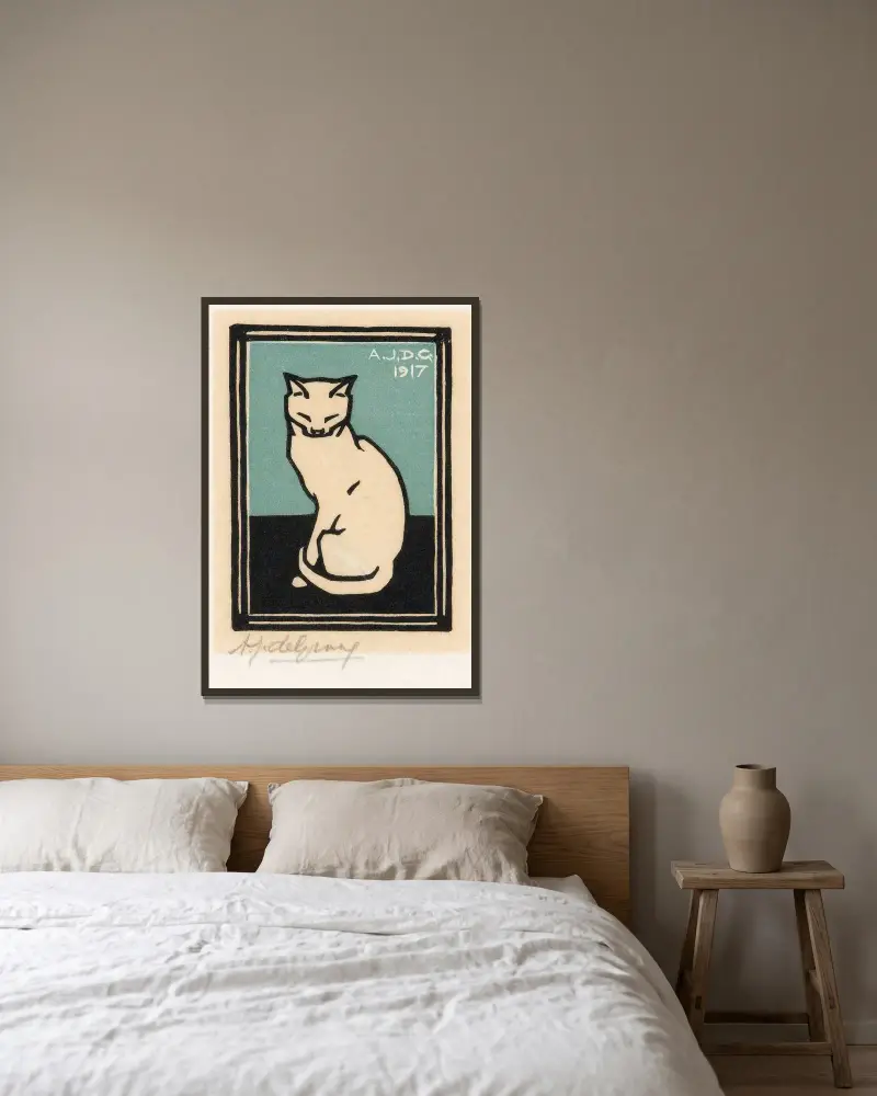 Sittande katt med slutna ögon av Julie de Graag inramad på en vägg