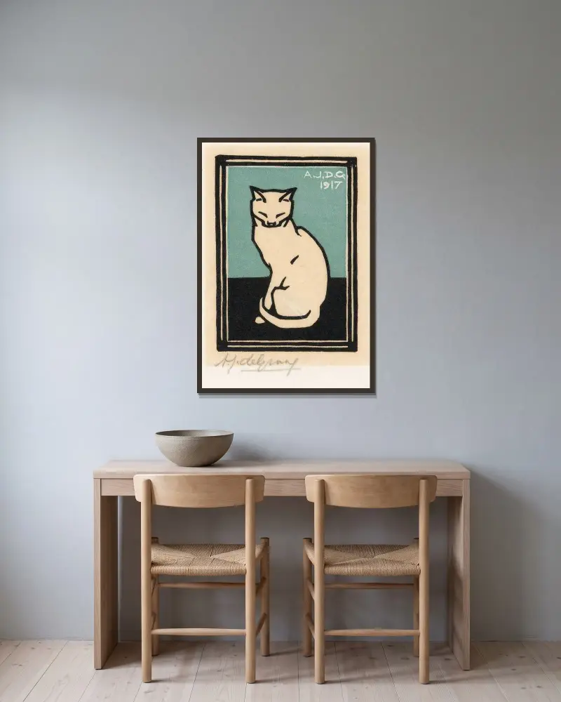 Sittande katt med slutna ögon av Julie de Graag inramad på en vägg