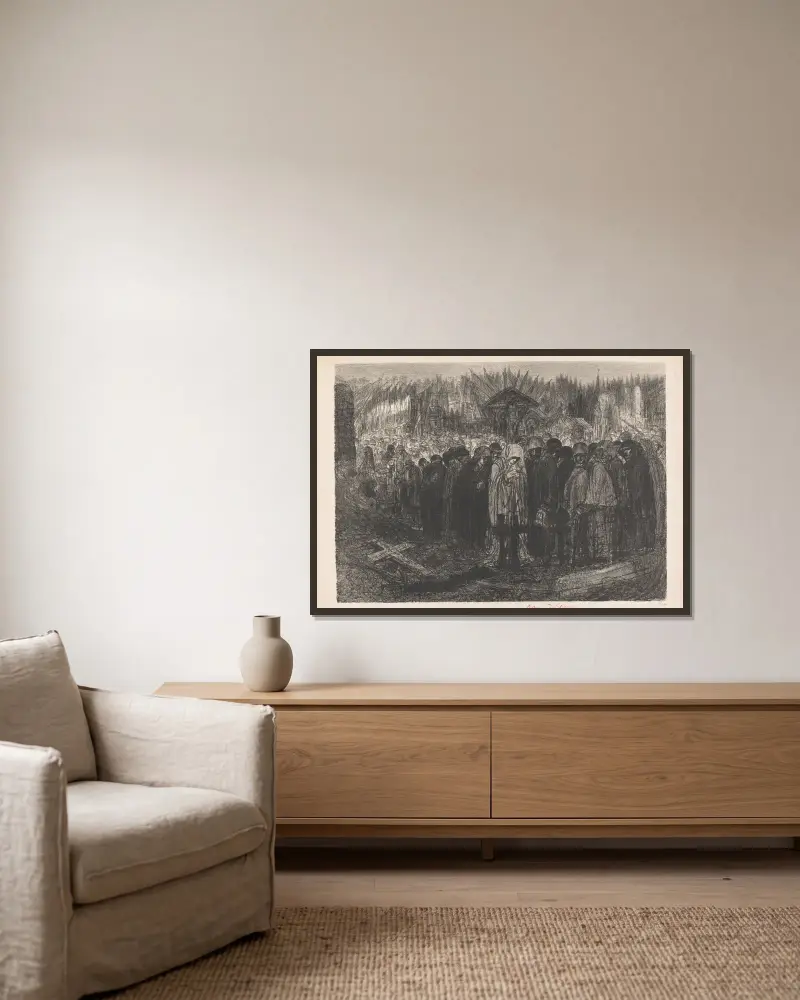 Stor folksamling med kåpor på en kyrkogård av Henry de Groux inramad på en vägg