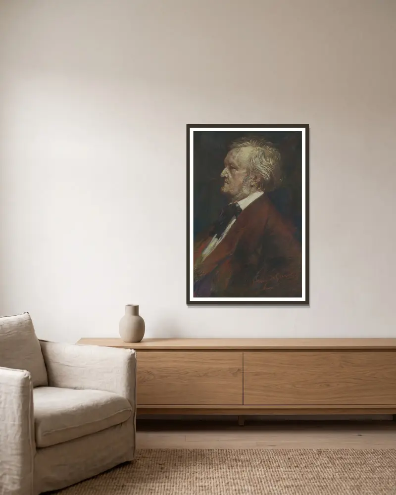 Portret van toondichter Richard Wagner av Henry de Groux inramad på en vägg