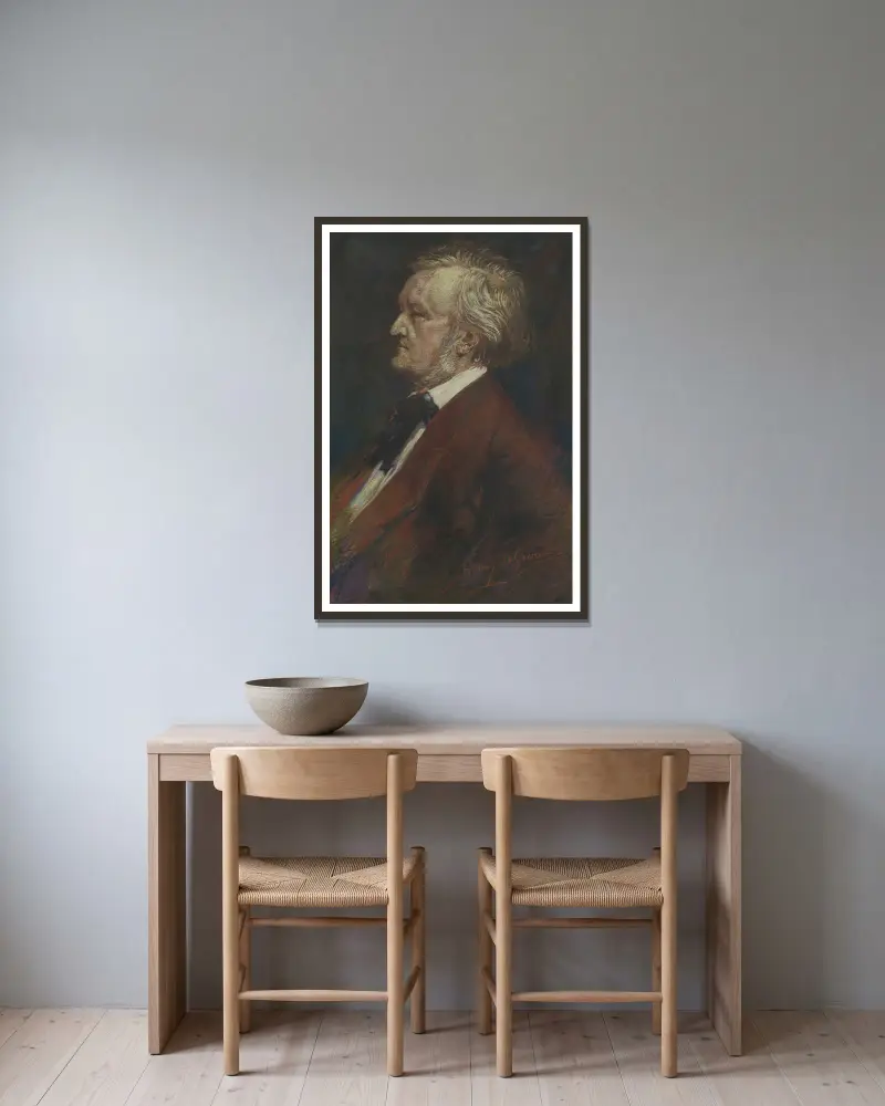 Portret van toondichter Richard Wagner av Henry de Groux inramad på en vägg