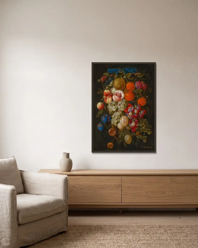 A festoon of fruit hanging from a blue ribbon av Cornelis de Heem inramad på en vägg