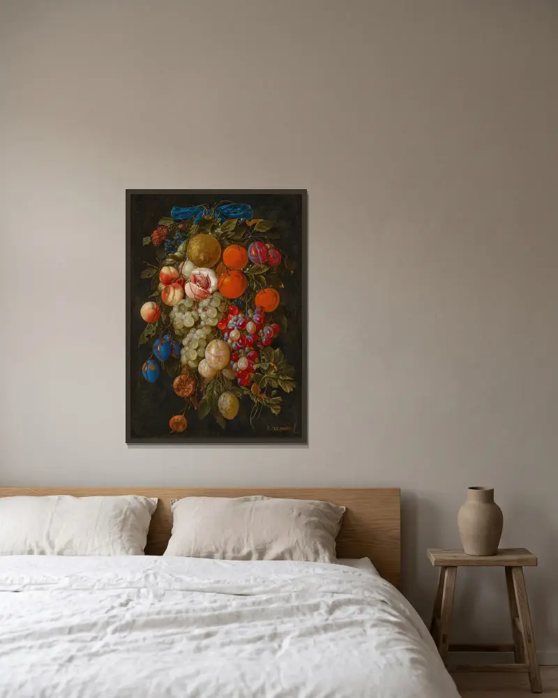 A festoon of fruit hanging from a blue ribbon av Cornelis de Heem inramad på en vägg