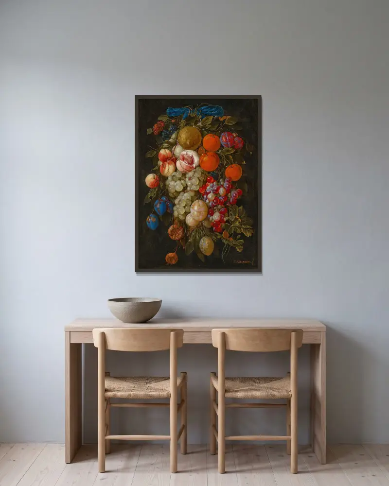 A festoon of fruit hanging from a blue ribbon av Cornelis de Heem inramad på en vägg