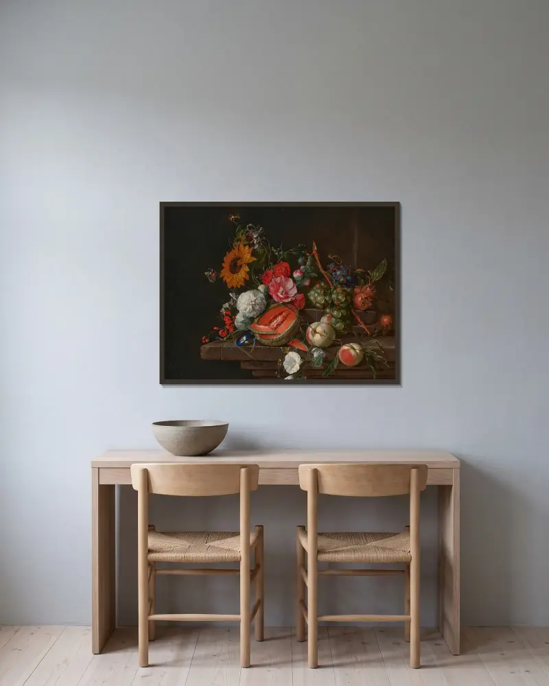 En melon, persikor, druvor, mispelfrukter, solrosor, rosor, pioner och andra blommor med fjärilar och insekter på en stenhylla av Cornelis de Heem inramad på en vägg