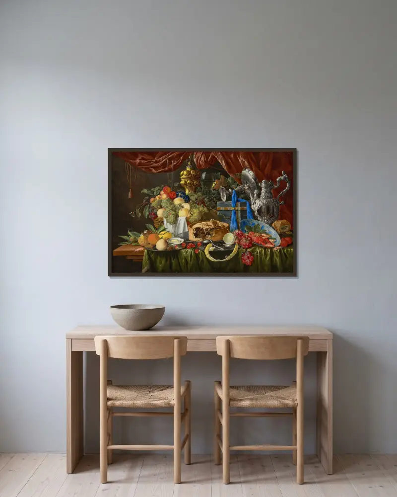Paj på en tenntallrik, en delvis skalad citron och en omkullvält silversked på en tenntallrik av Jan Davidsz de Heem inramad på en vägg