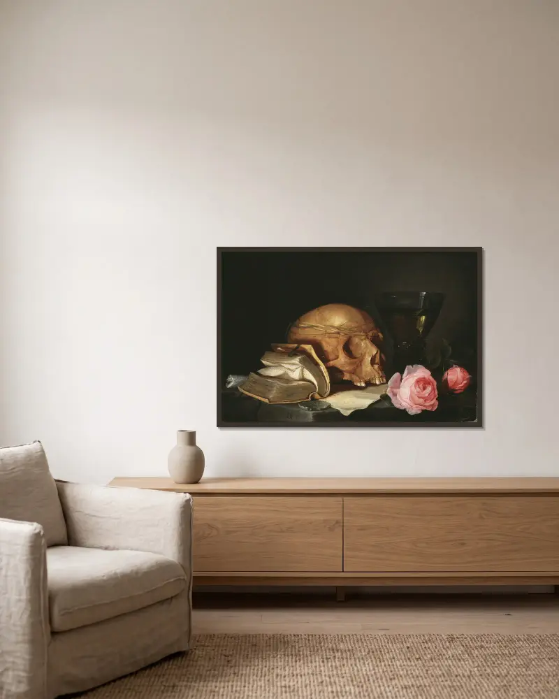 A Vanitas Still-Life with a Skull, a Book and Roses av Jan Davidsz de Heem inramad på en vägg