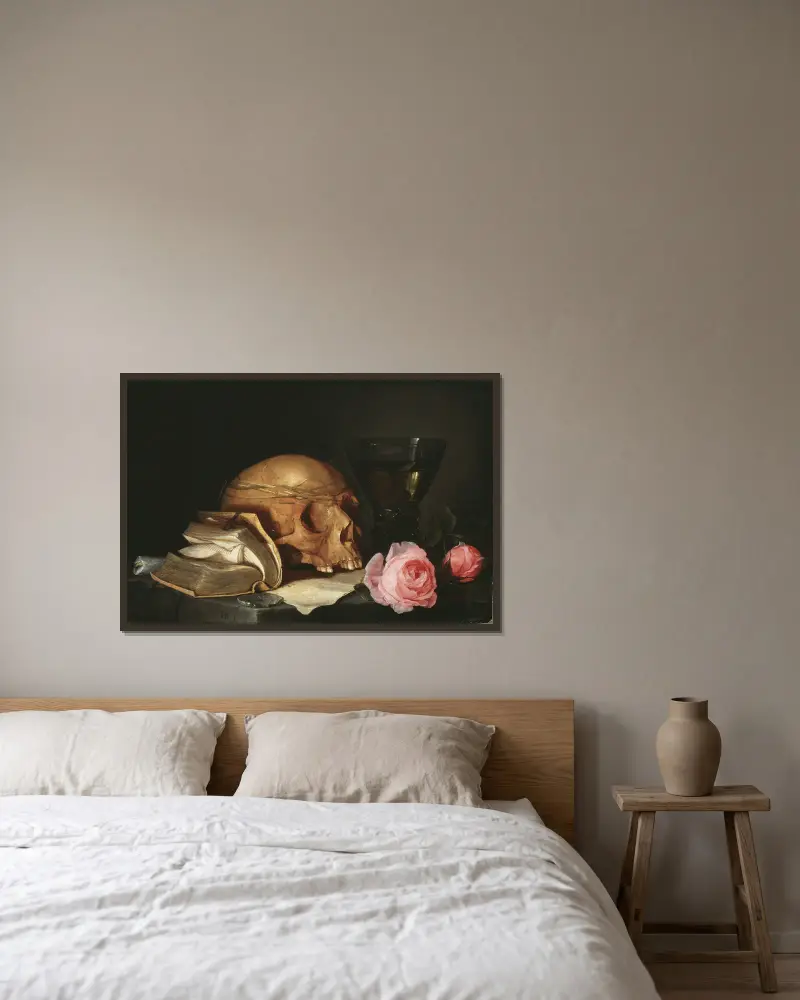 A Vanitas Still-Life with a Skull, a Book and Roses av Jan Davidsz de Heem inramad på en vägg