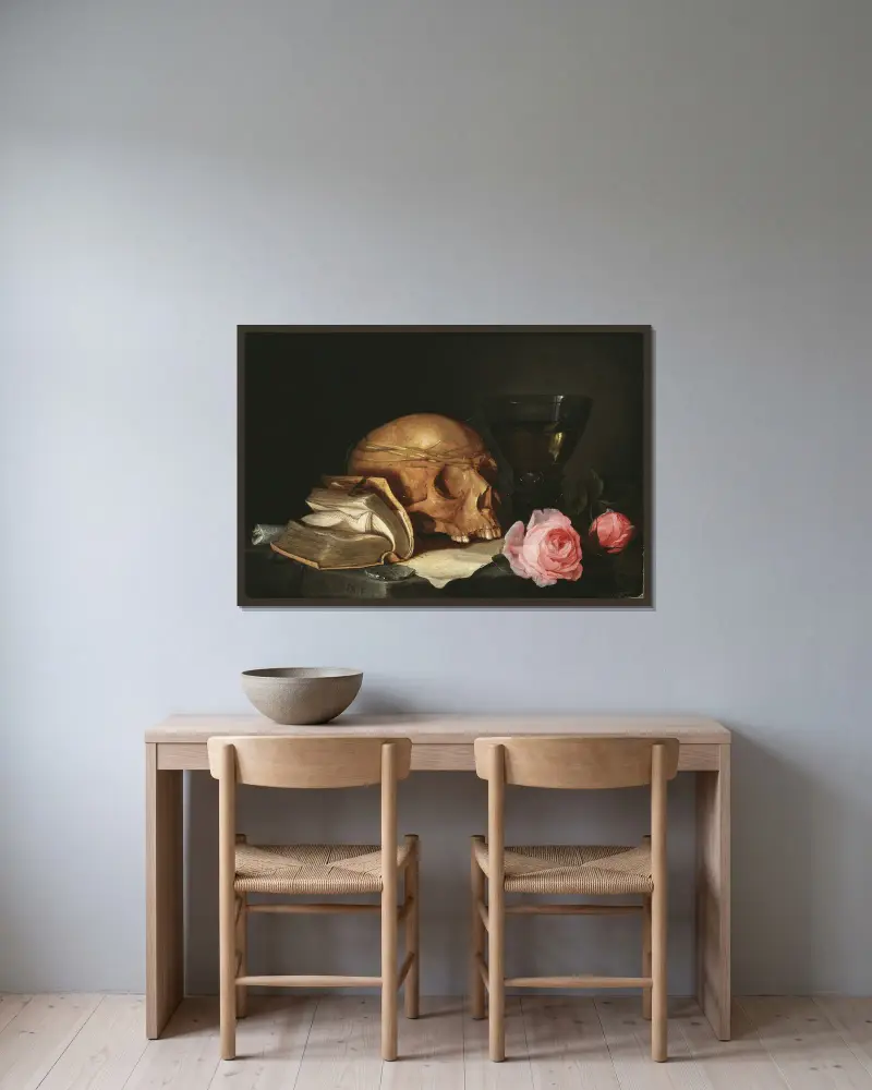 A Vanitas Still-Life with a Skull, a Book and Roses av Jan Davidsz de Heem inramad på en vägg