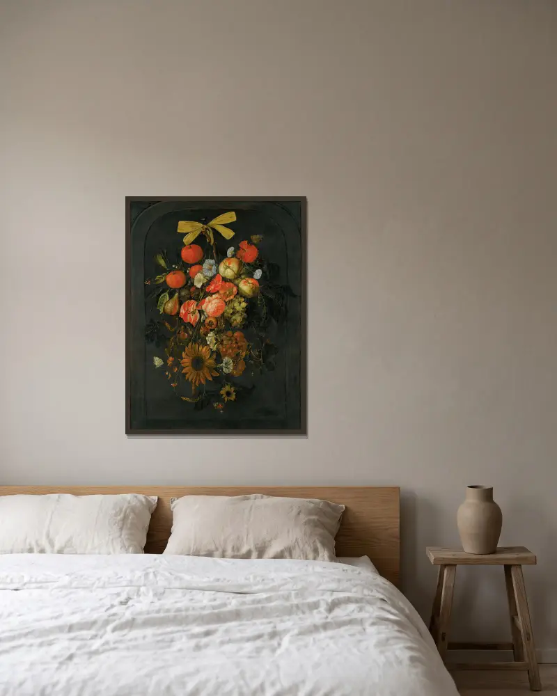 Festoon of flowers and fruit av Cornelis de Heem inramad på en vägg
