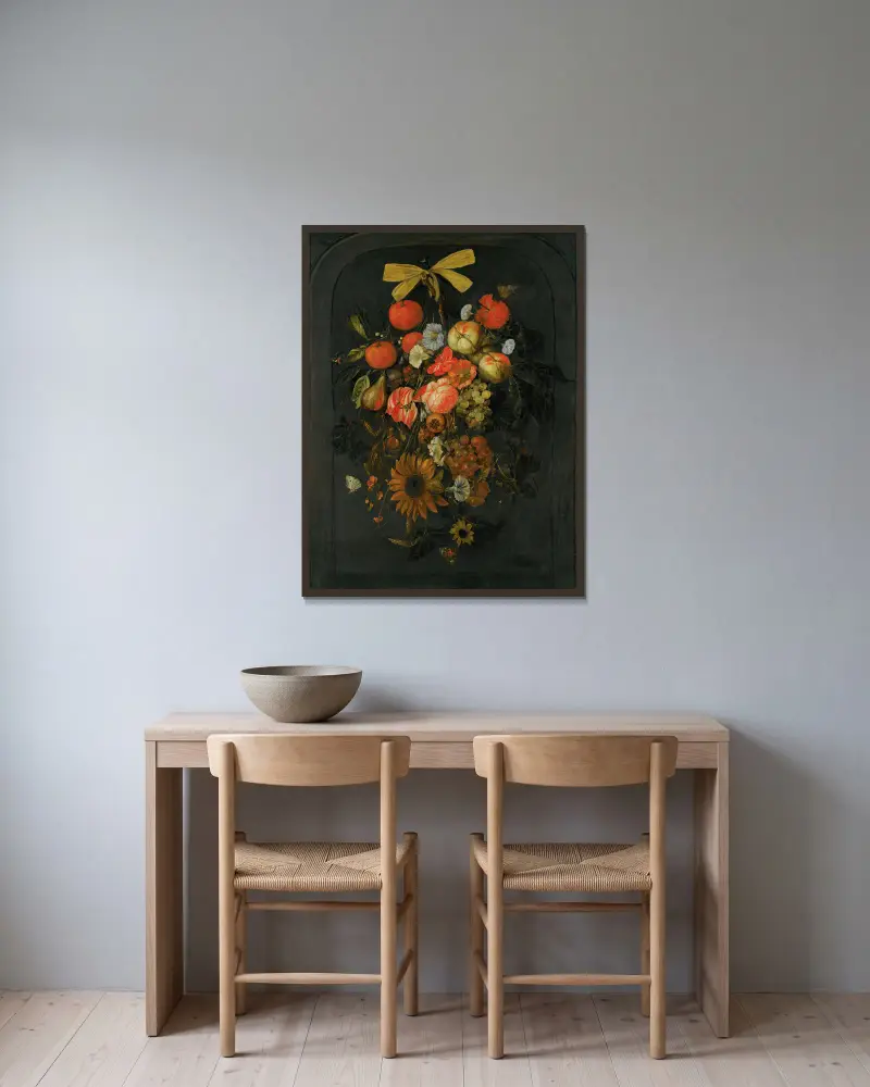 Festoon of flowers and fruit av Cornelis de Heem inramad på en vägg