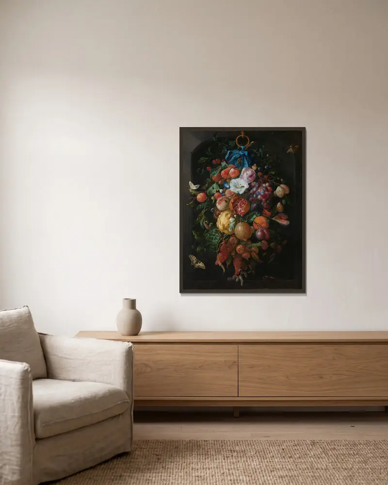 Festoon of Fruit and Flowers av Jan Davidsz de Heem inramad på en vägg