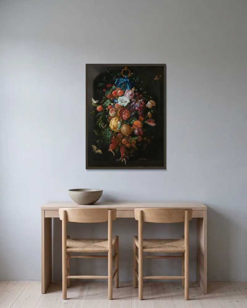 Festoon of Fruit and Flowers av Jan Davidsz de Heem inramad på en vägg