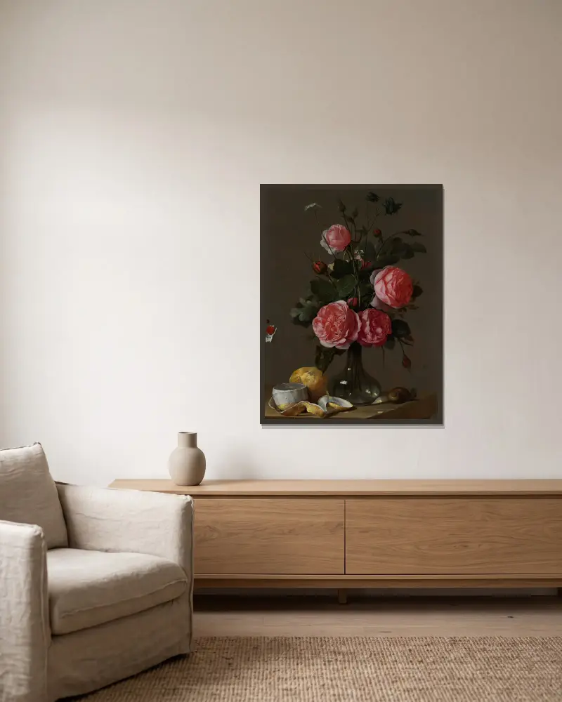 Blumenstillleben von Cornelis de Heem gerahmt an einer Wand
