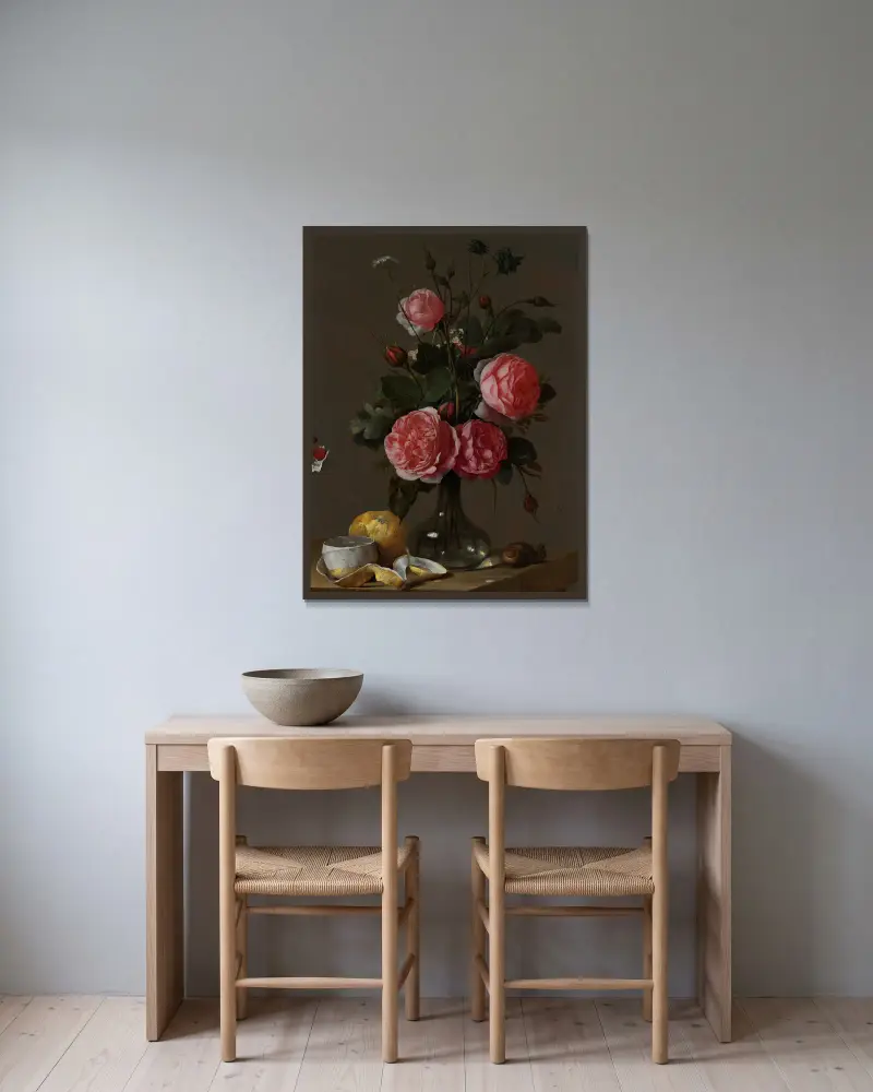 Blumenstillleben von Cornelis de Heem gerahmt an einer Wand