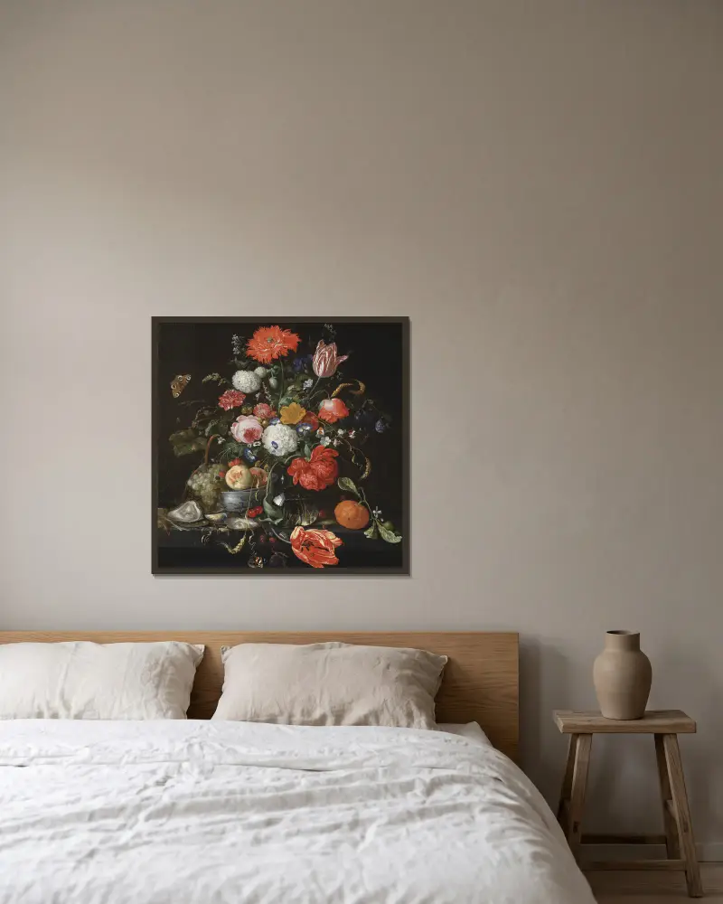 Flower Still Life with a Bowl of Fruit and Oysters av Jan Davidsz de Heem inramad på en vägg