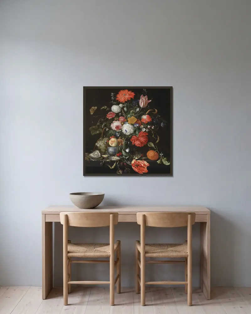 Flower Still Life with a Bowl of Fruit and Oysters av Jan Davidsz de Heem inramad på en vägg