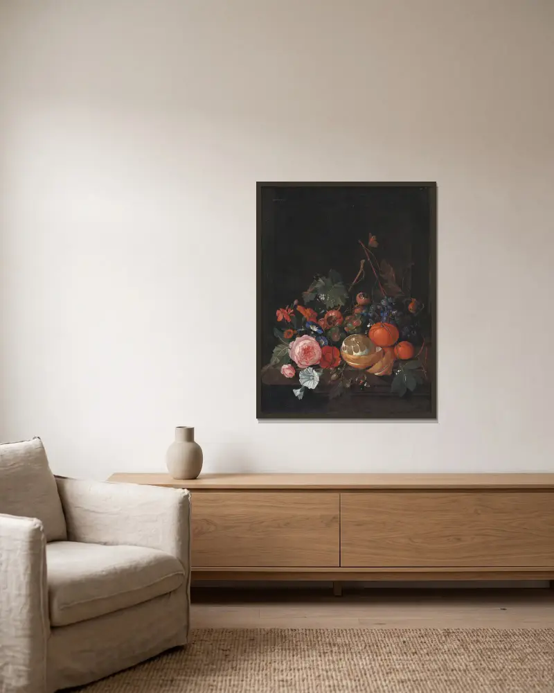Kwiaty i owoce, Jan Davidsz de Heem w ramie na ścianie
