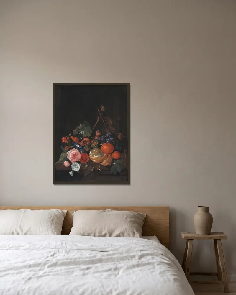 Kwiaty i owoce, Jan Davidsz de Heem w ramie na ścianie