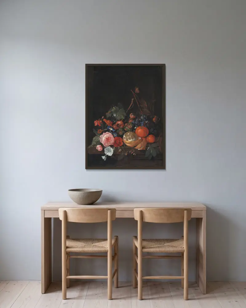 Kwiaty i owoce, Jan Davidsz de Heem w ramie na ścianie