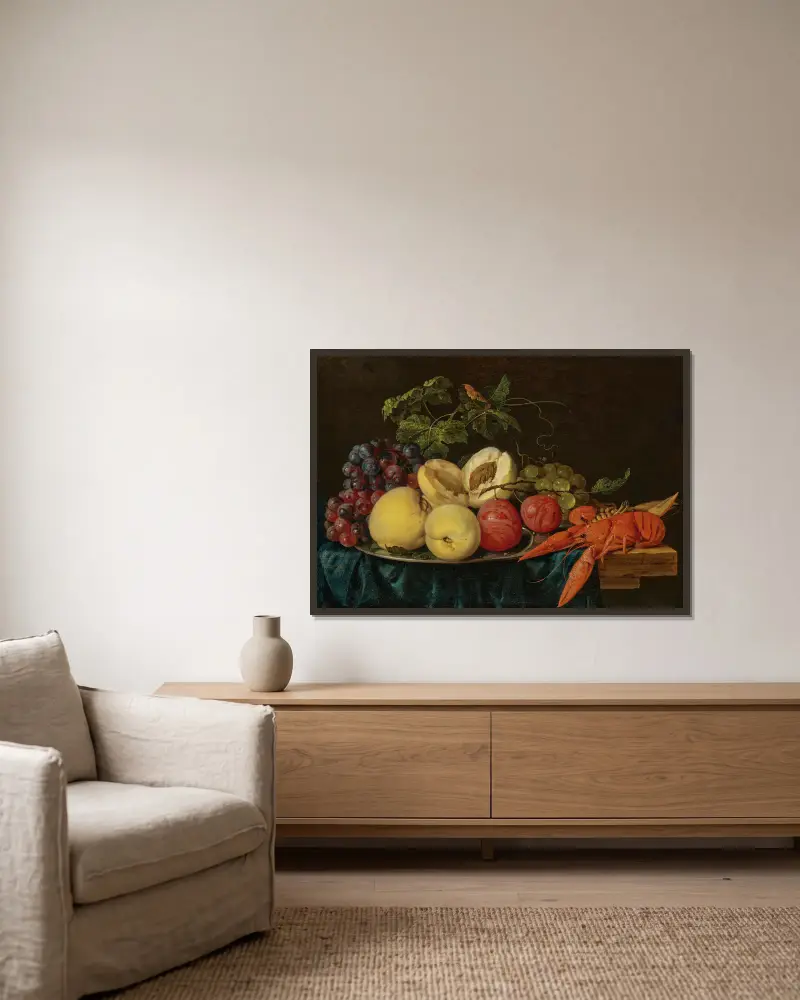 Fruit on a silver platter with lobsters on a partially draped table av Jan Davidsz de Heem inramad på en vägg